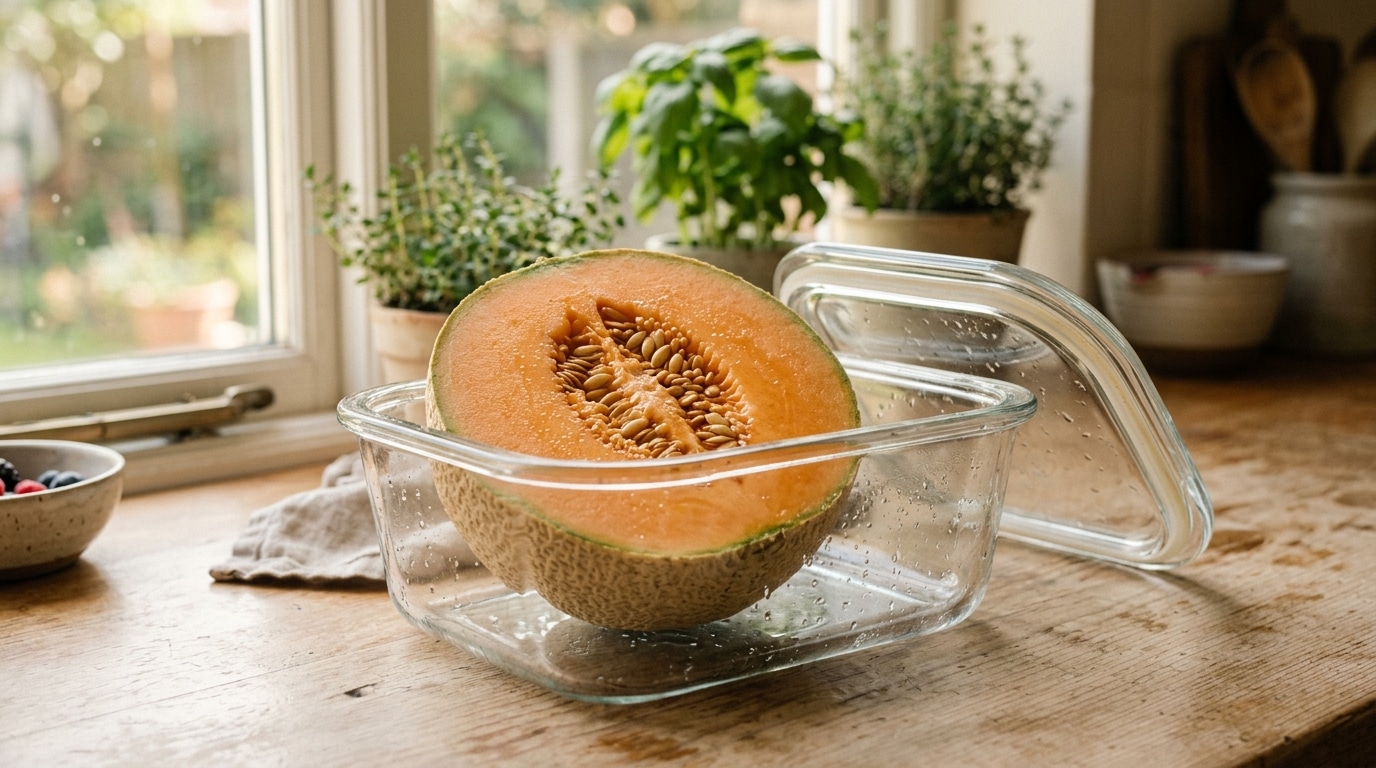 Moitié de melon avec graines dans boîte hermétique