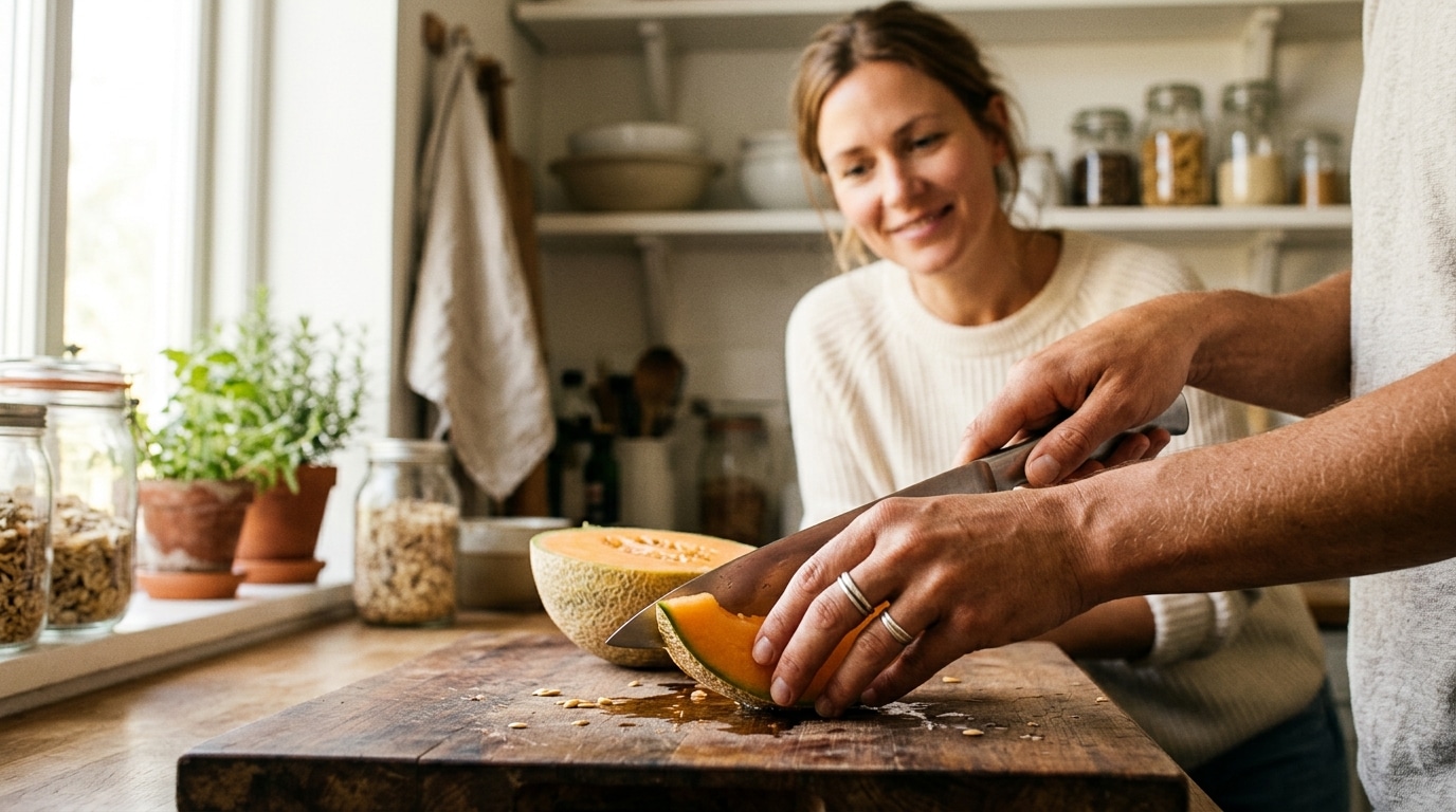 Personne tranchant un melon frais sur planche en bois