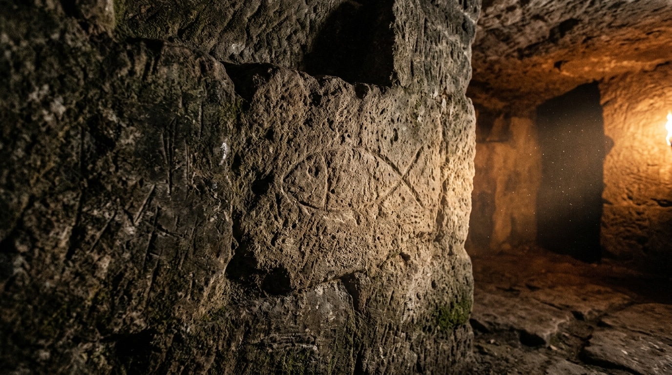 Symbole du poisson gravé sur une pierre ancienne