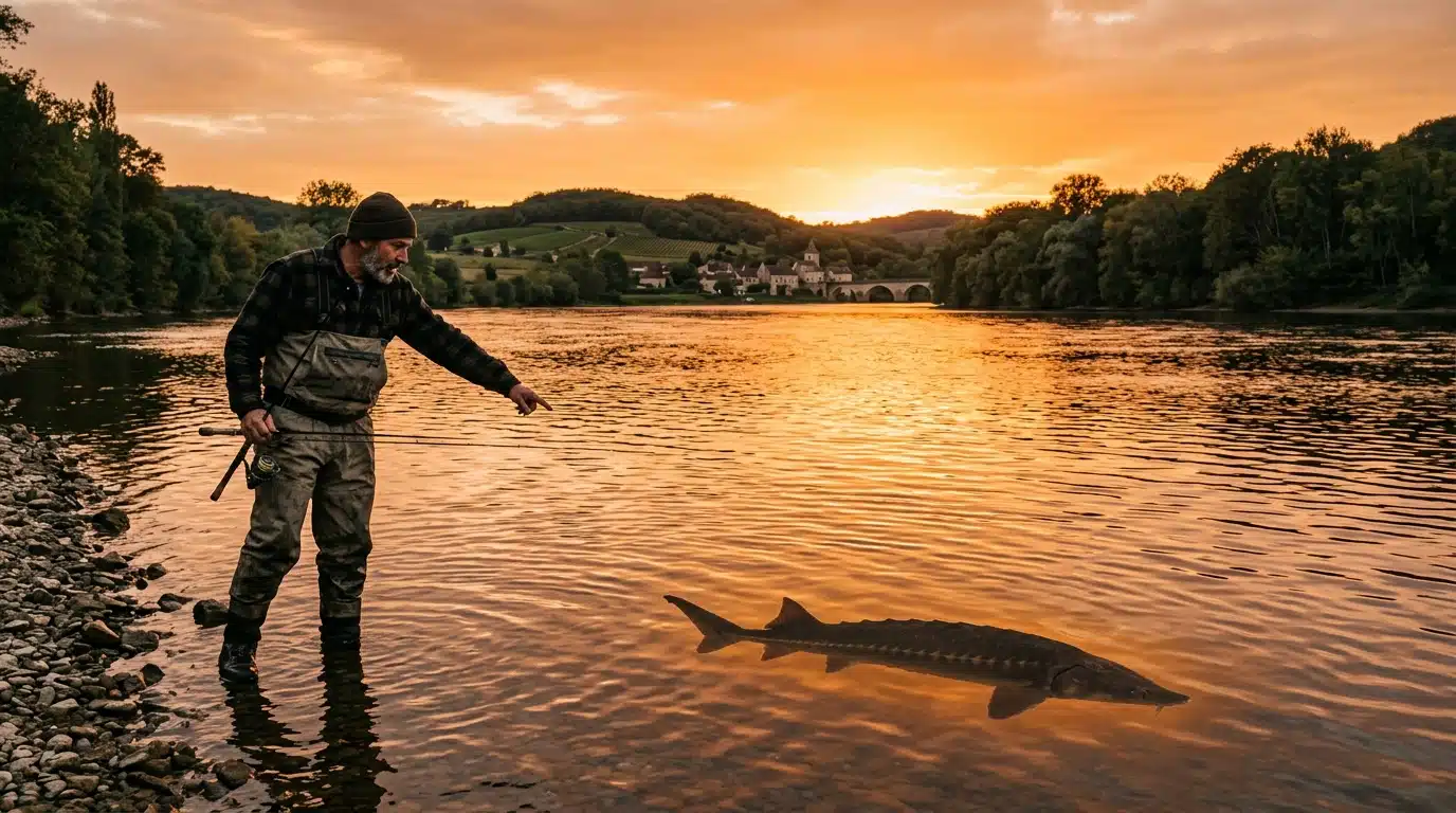 Pêcheur observant un esturgeon géant dans une rivière