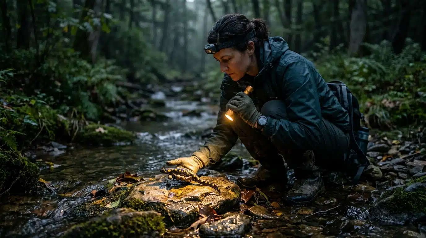 Biologiste examinant une salamandre tachetée nocturne