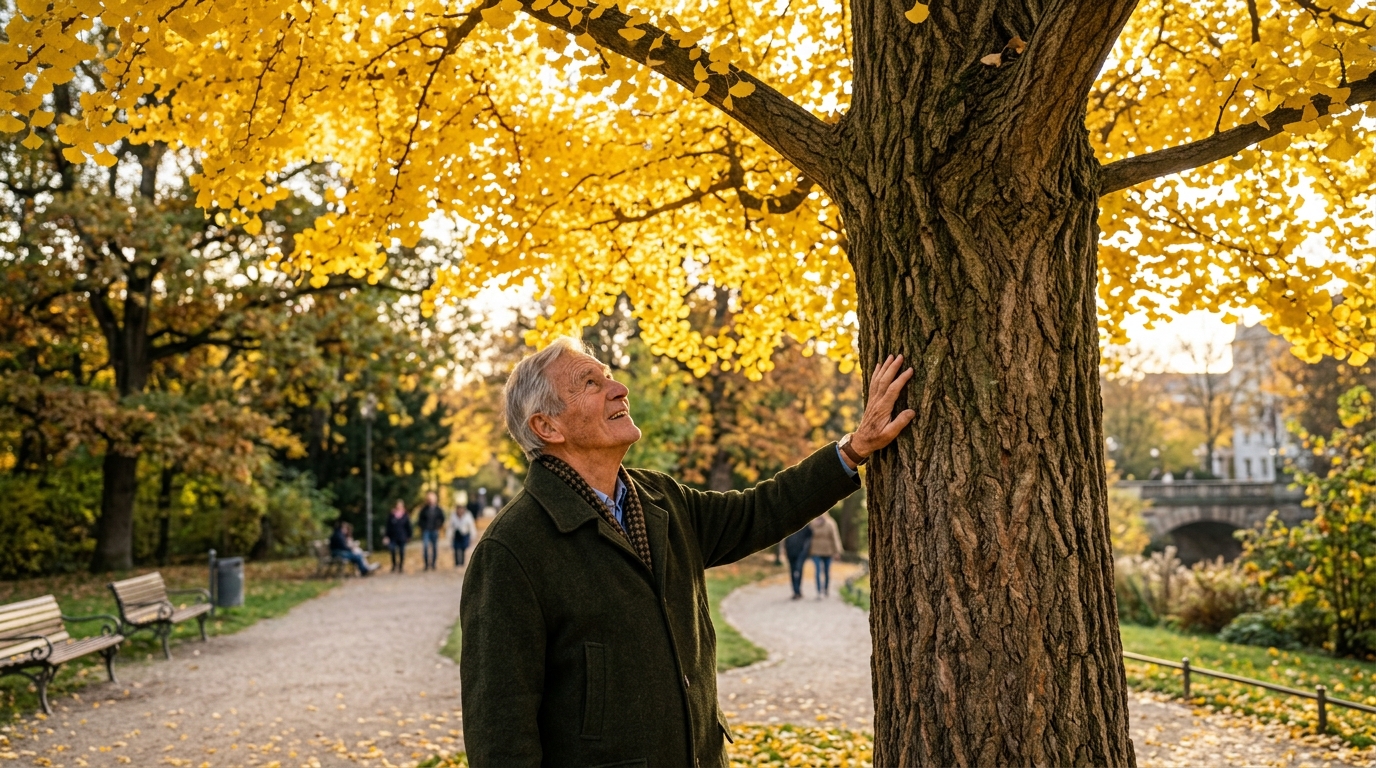 Visiteur admirant un ginkgo biloba doré en automne