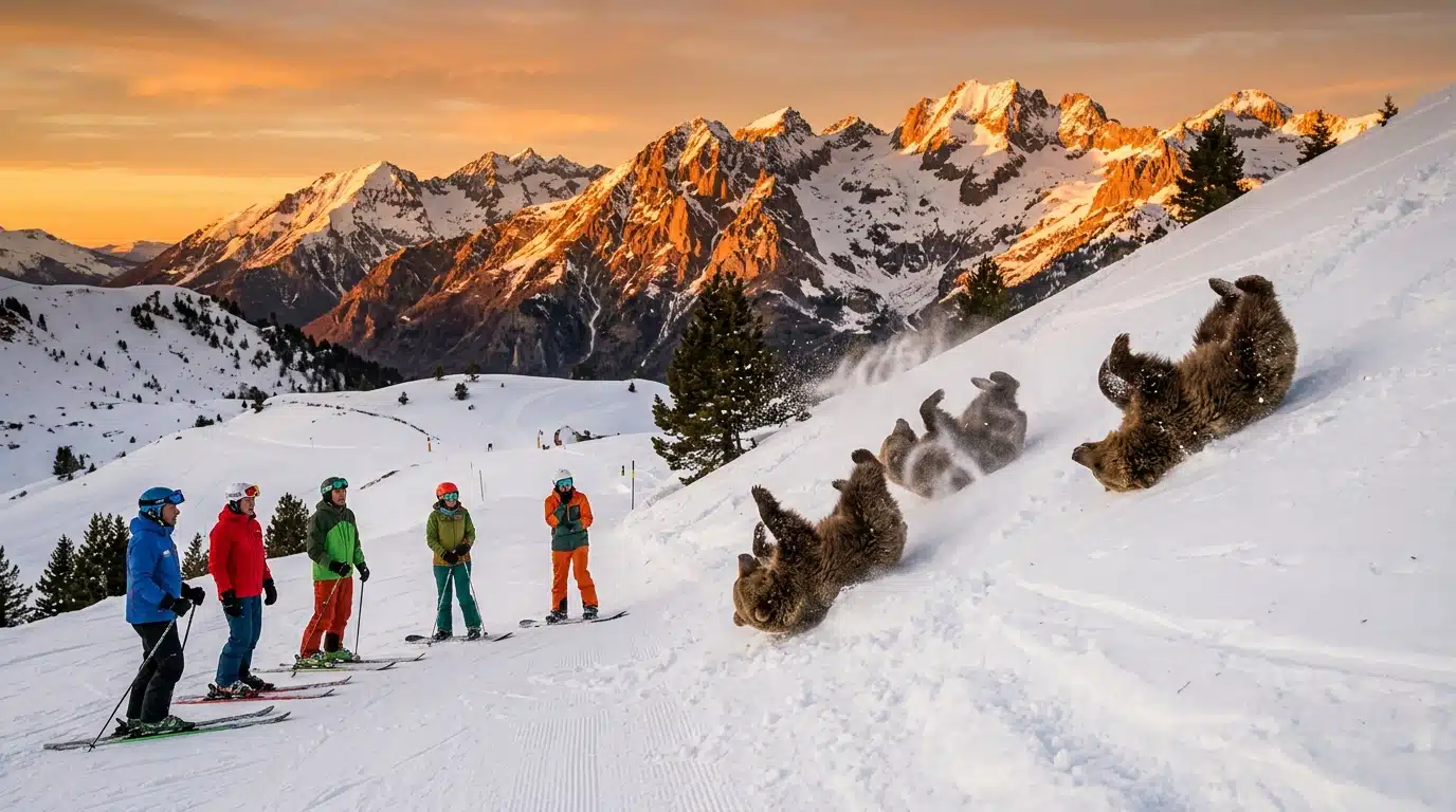Trois ours dévalant une piste de ski dans les Pyrénées