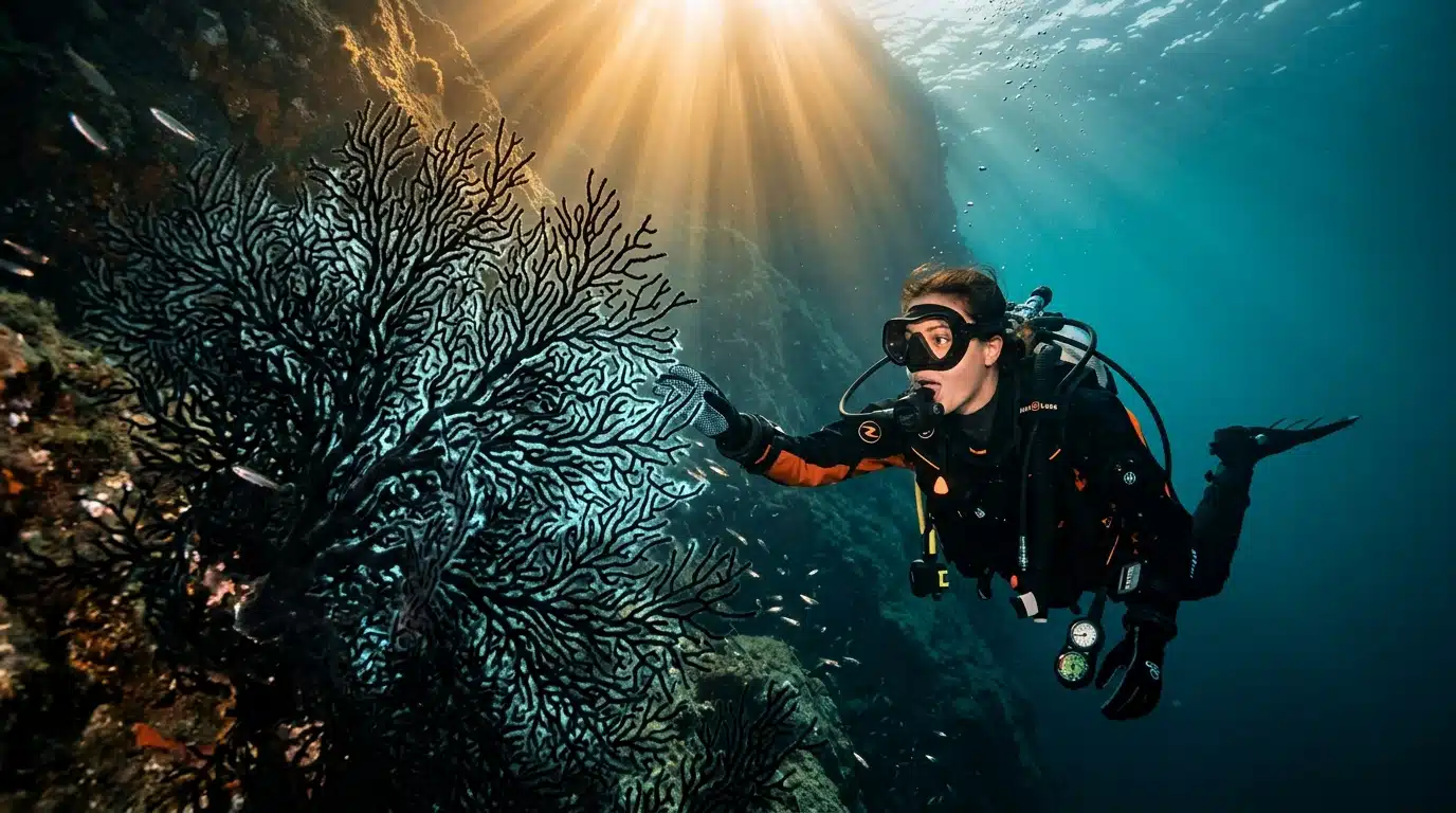 Plongeur découvrant un corail noir géant sous l'eau