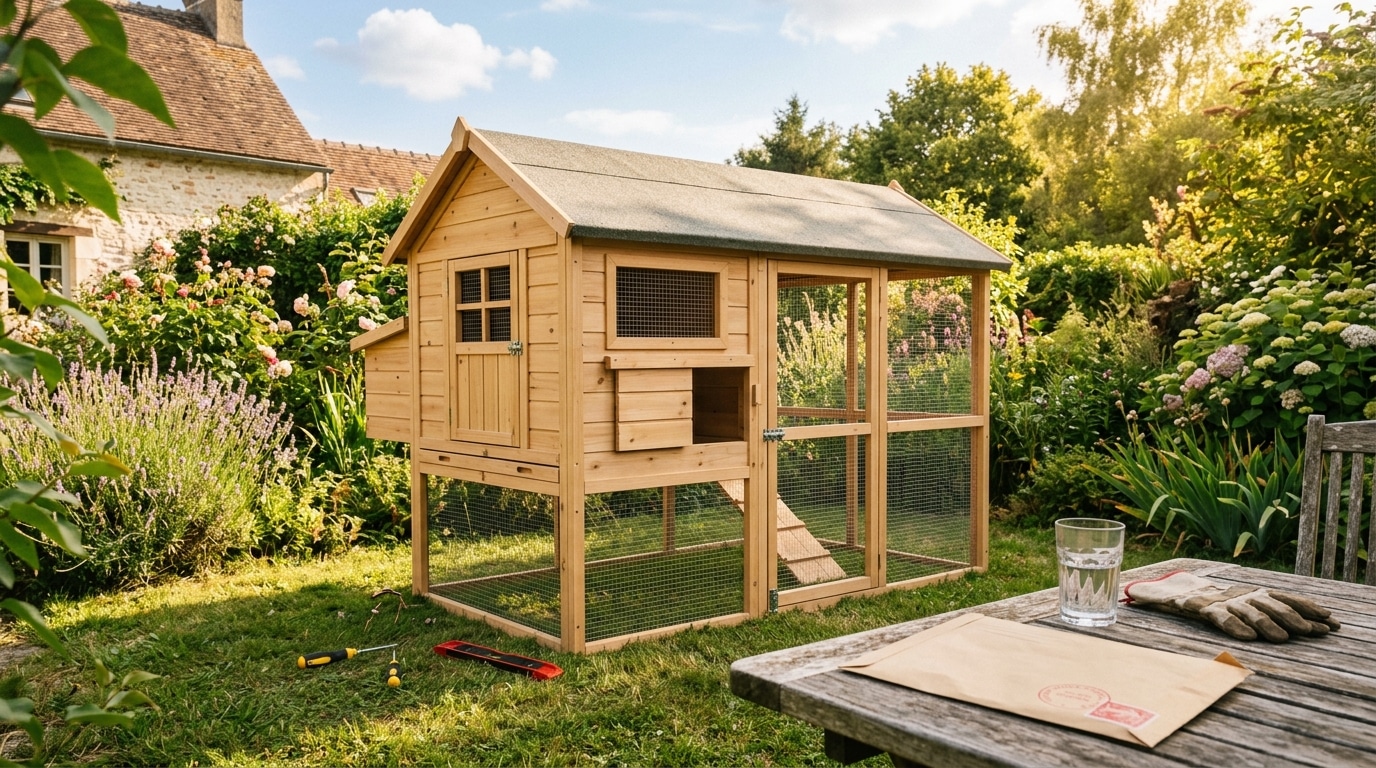 Poulailler en bois fraîchement monté dans un jardin ensoleillé
