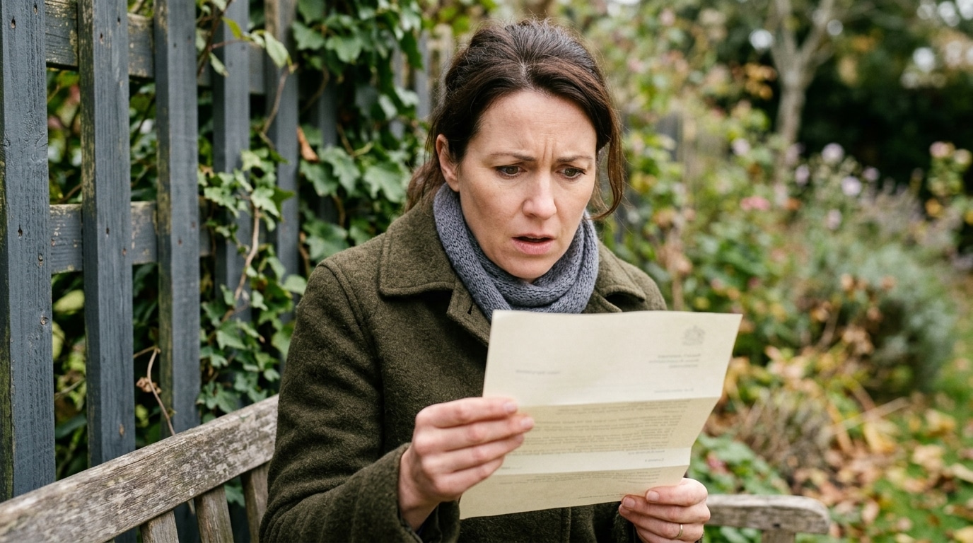 Personne inquiète lisant un courrier officiel dans son jardin