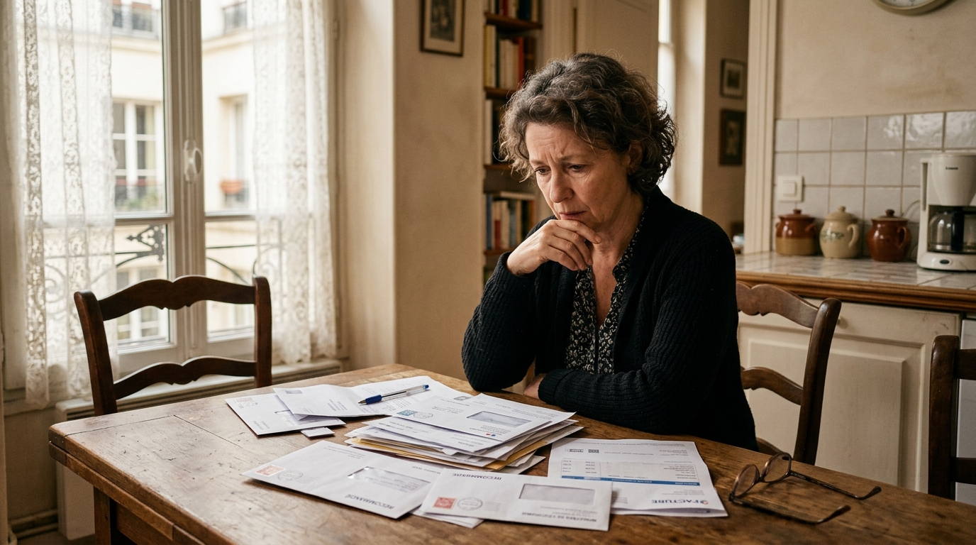 Femme inquiète devant des courriers administratifs à table