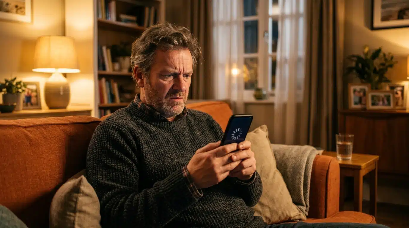 Homme agacé devant son smartphone qui rame