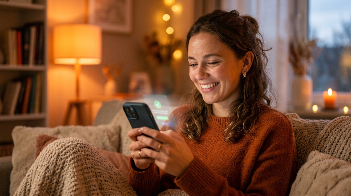 Femme souriante avec son smartphone redevenu rapide