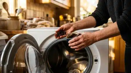 Marc de café versé dans le tambour du lave-linge