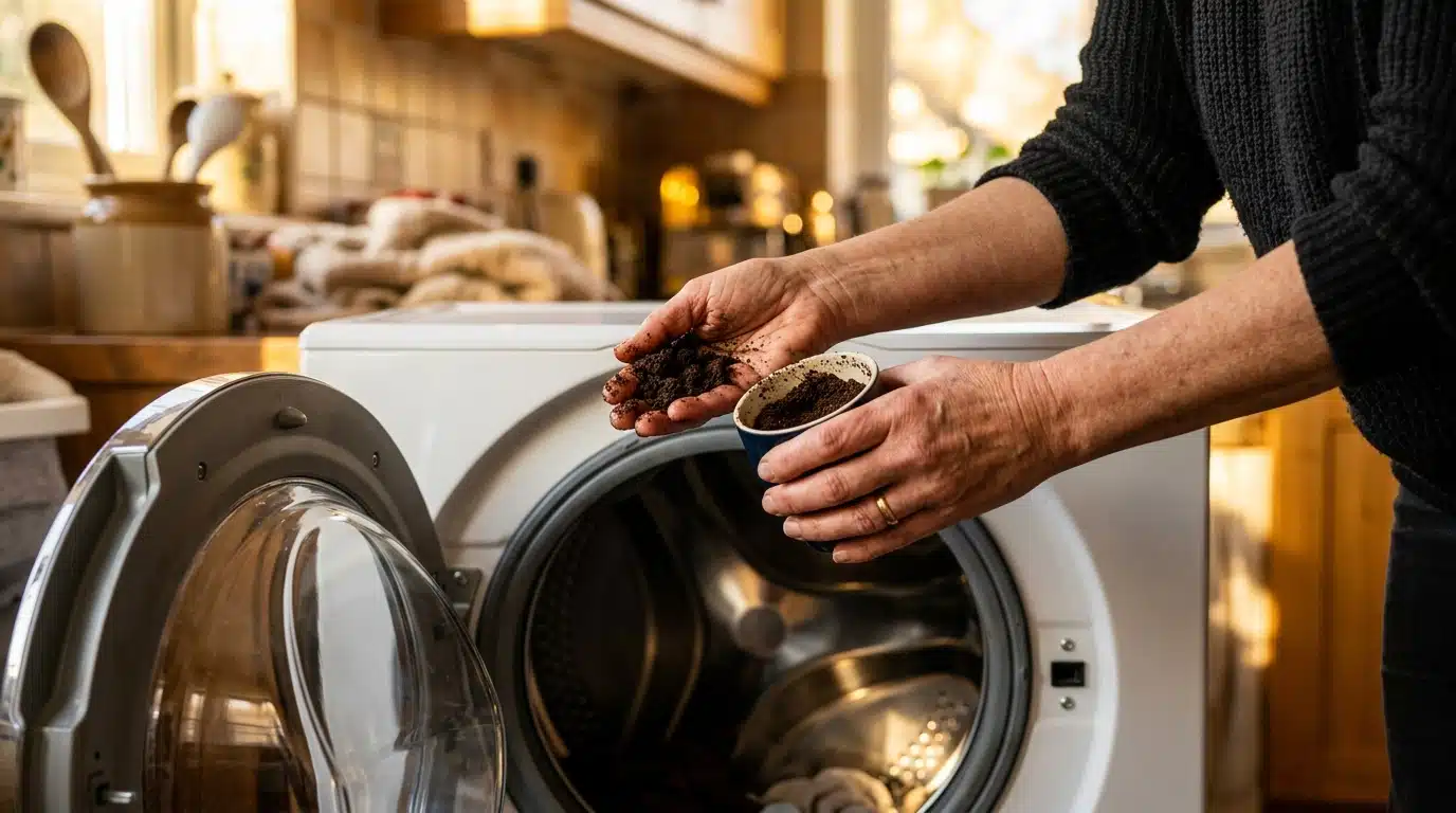 Marc de café versé dans le tambour du lave-linge