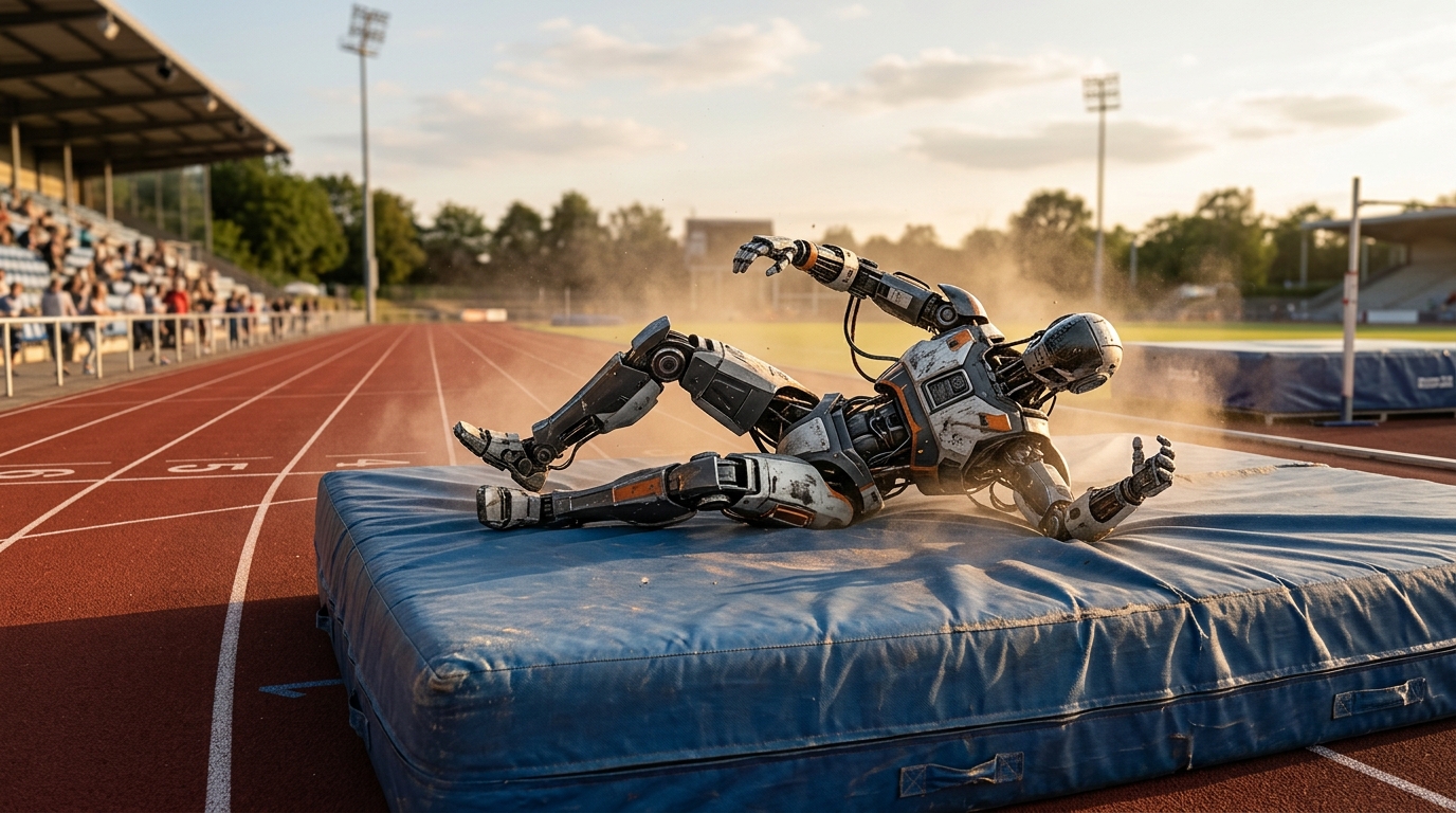 Robot humanoïde effondré sur un matelas d'arrivée