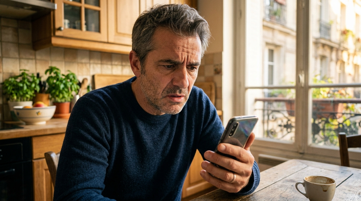 Homme inquiet vérifiant son smartphone rappelé chez lui