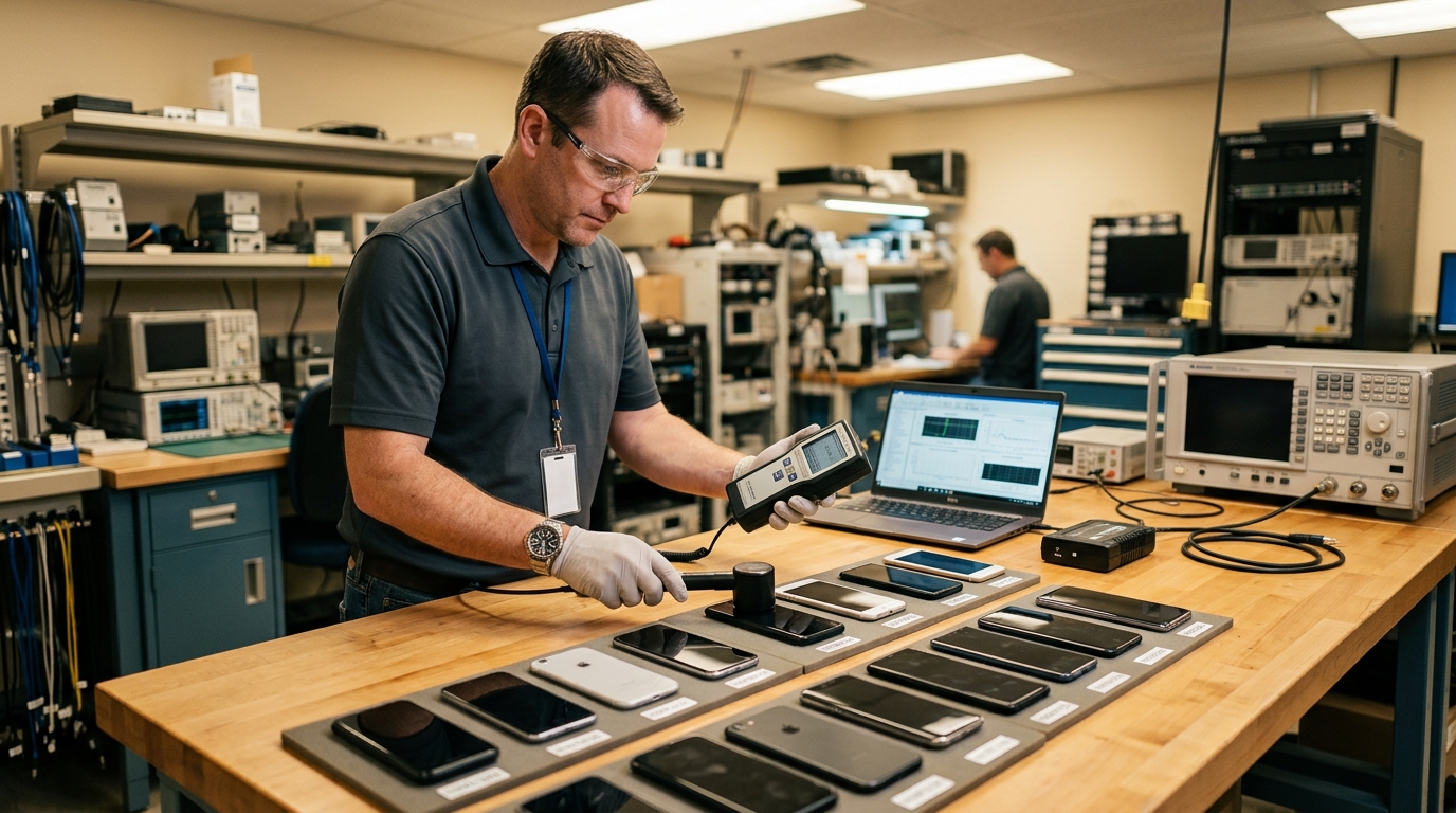 Technicien mesurant le DAS de smartphones en laboratoire