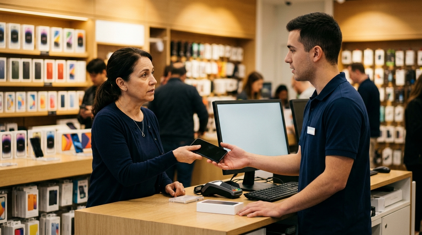Client rendant un Samsung Galaxy A55 en magasin pour rappel