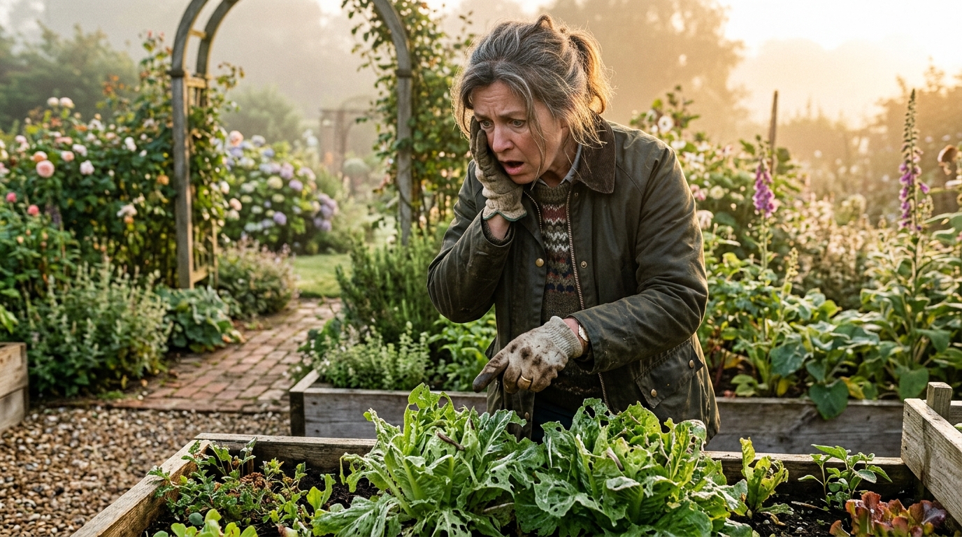 Femme découvrant des salades abîmées par les limaces au jardin