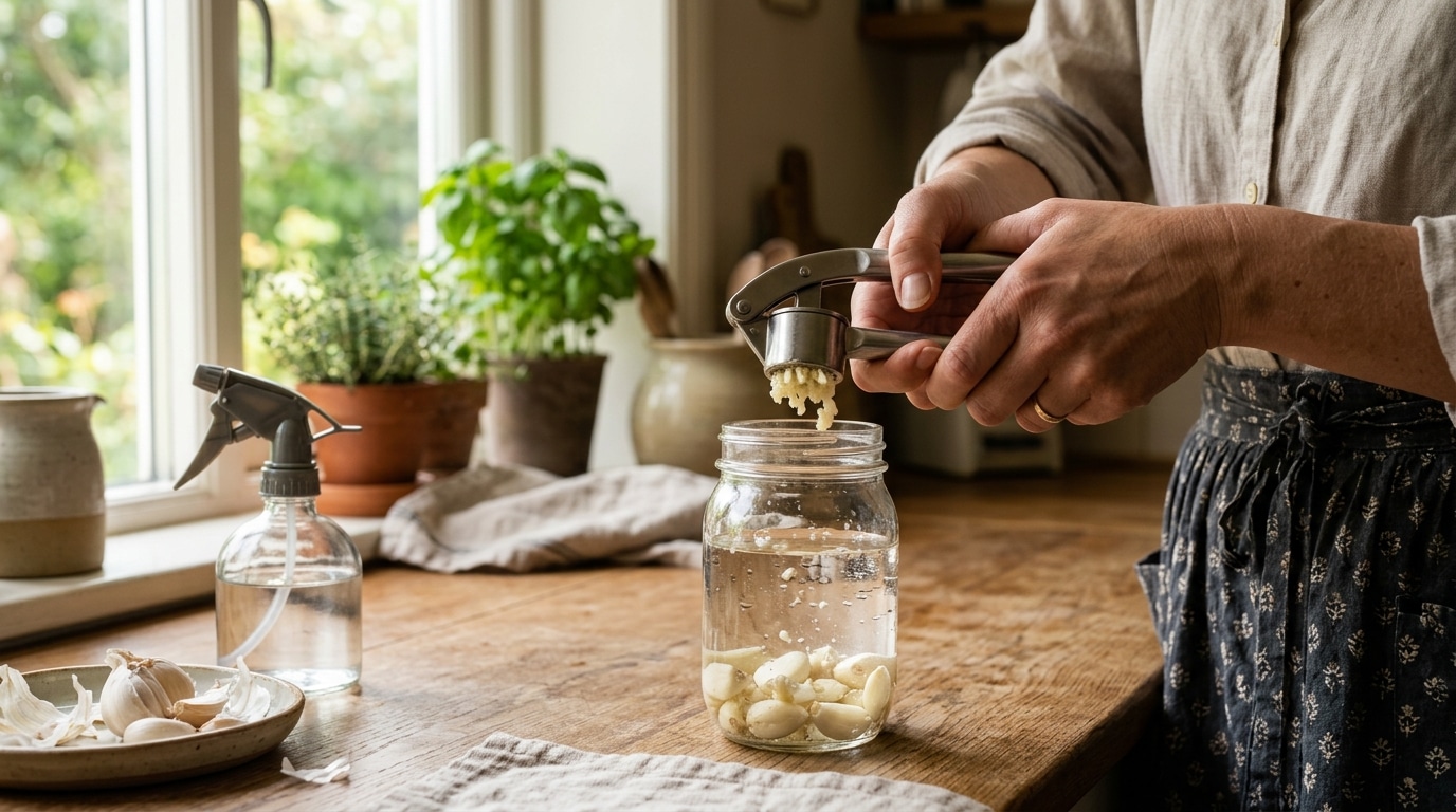 Préparation d'un spray à l'ail contre les limaces en cuisine