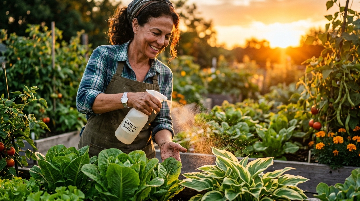 Jardinier pulvérisant du spray à l'ail sur ses salades
