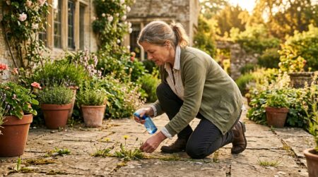 Femme accroupie sur une terrasse examinant les mauvaises herbes