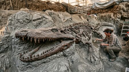 Squelette fossilisé géant d'amphibien préhistorique dans la roche