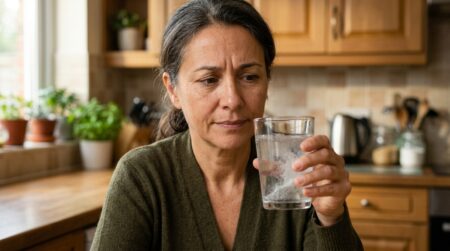 Verre d'eau avec poudre de psyllium en train de se dissoudre