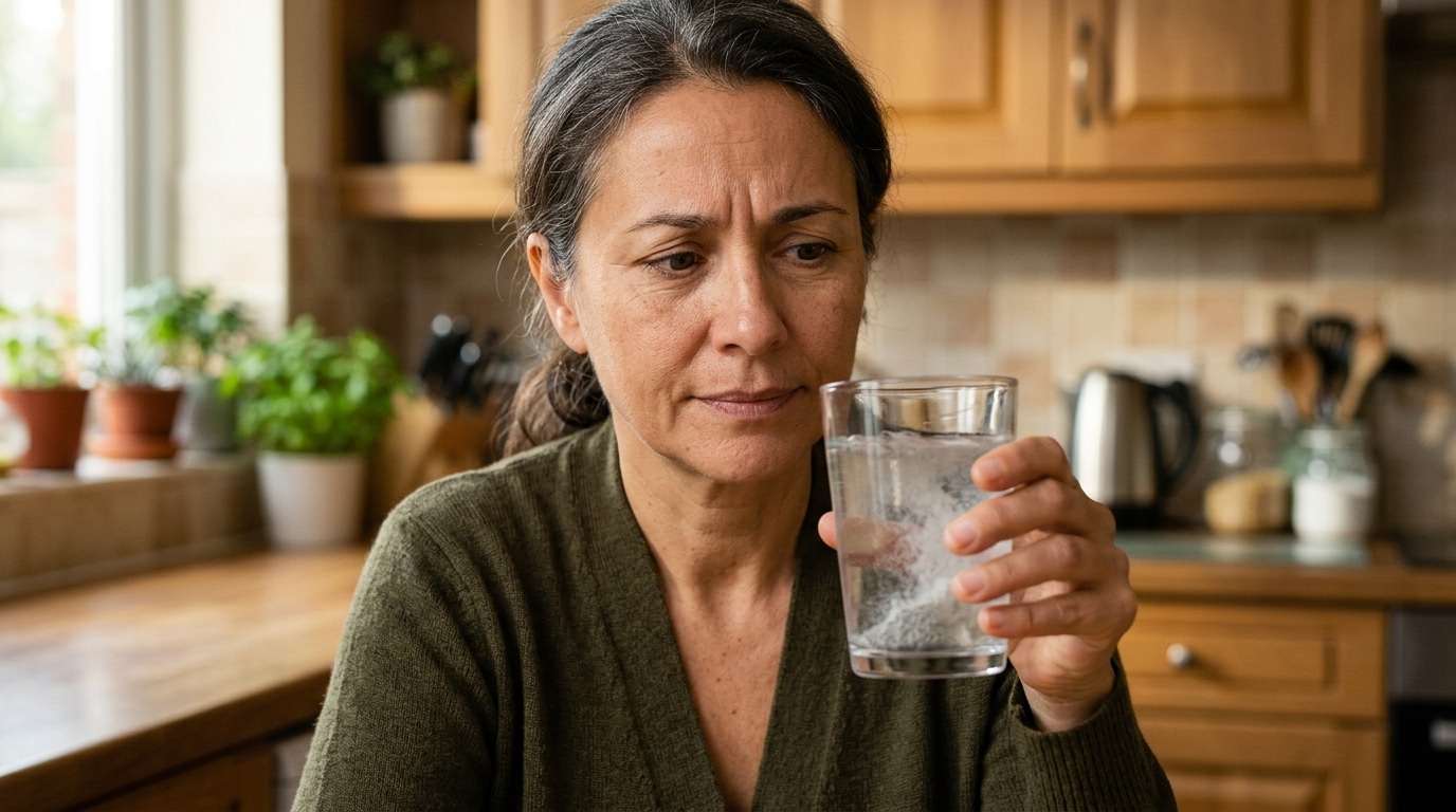 Verre d'eau avec poudre de psyllium en train de se dissoudre