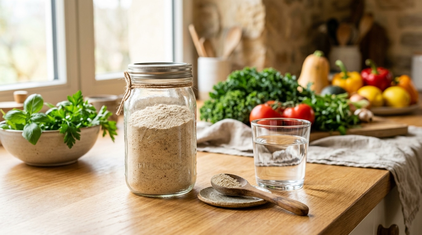 Pot de poudre de fibres alimentaires sur un comptoir
