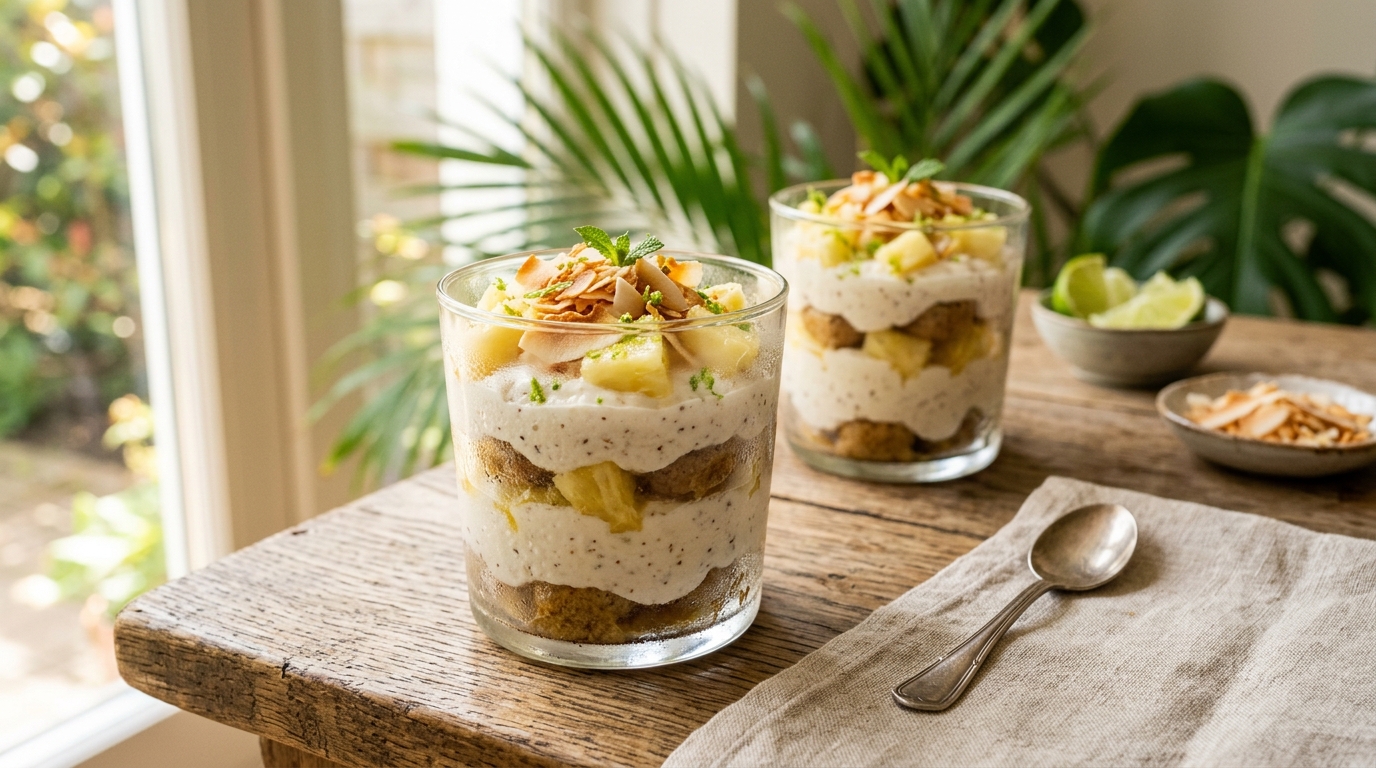 Verrines de tiramisu ananas coco avec zeste et éclats de coco