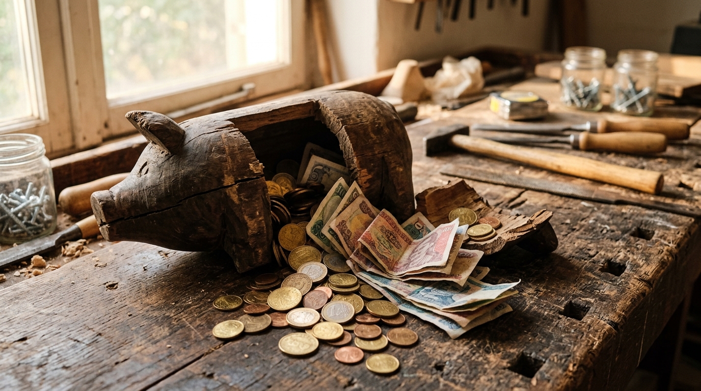 Pièces d'or et billets cachés dans une tirelire