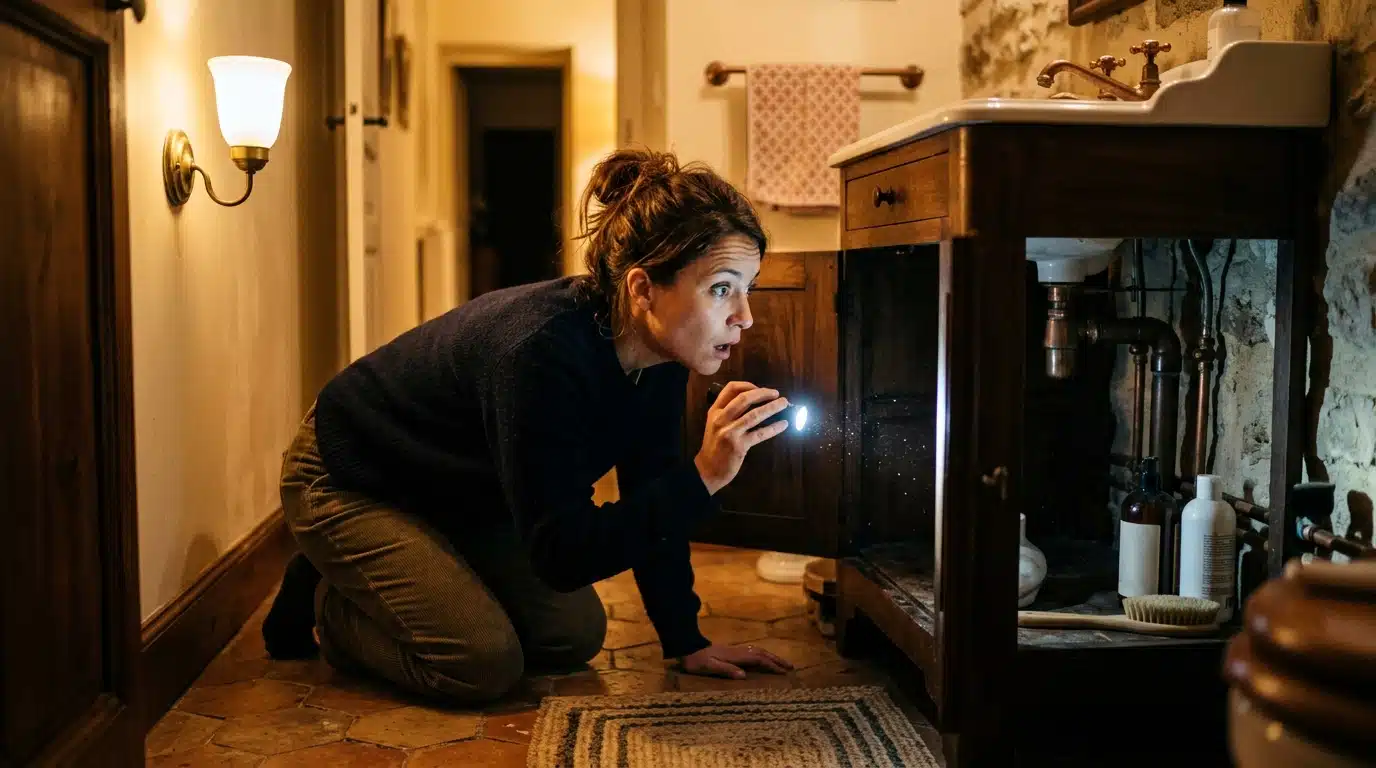 Femme qui inspecte un recoin humide de sa salle de bain