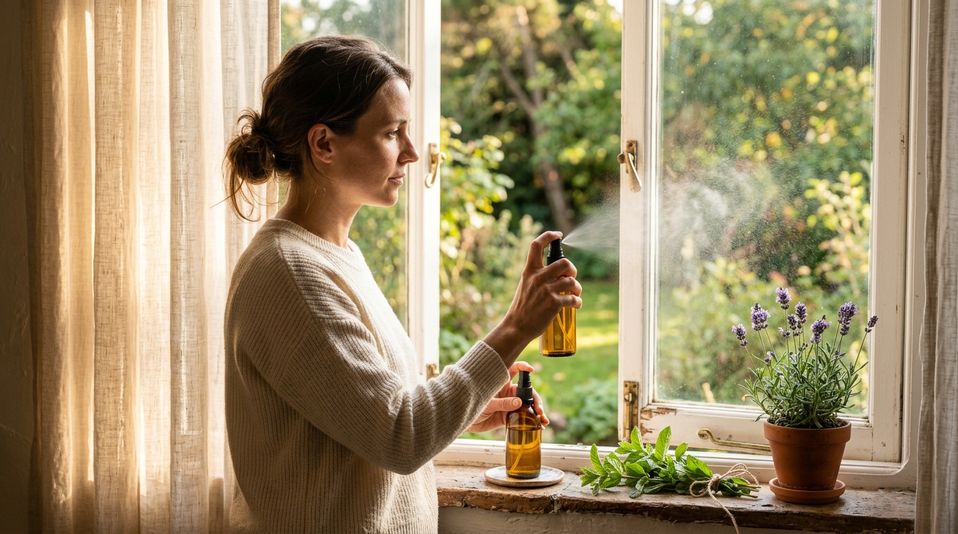 Vaporisation d'huiles essentielles répulsives près d'une fenêtre