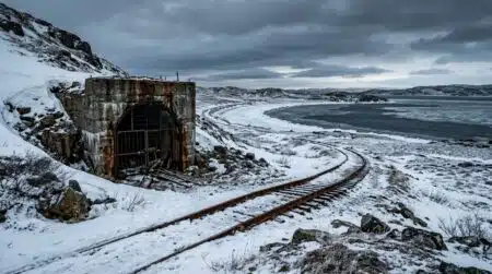 Tunnel abandonné et rails rouillés dans la neige sibérienne