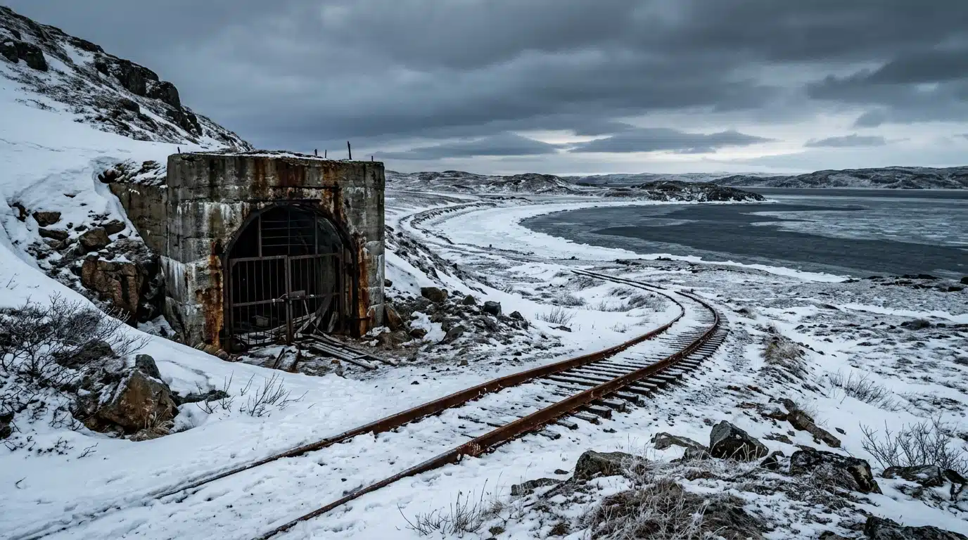 Tunnel abandonné et rails rouillés dans la neige sibérienne