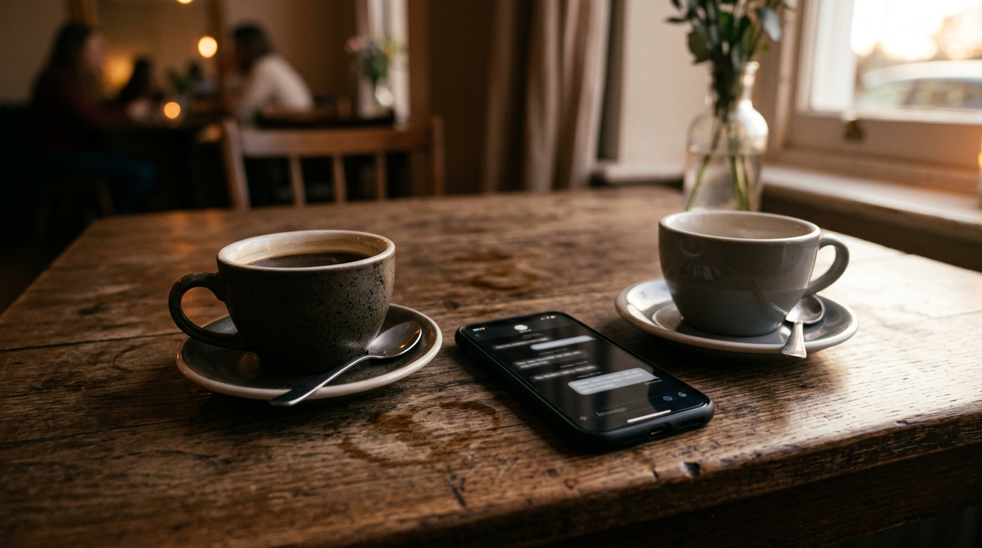 Téléphone et tasses de café sur une table en bois