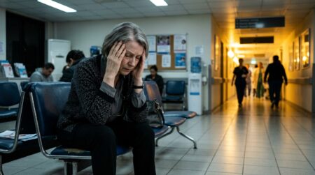 Femme inquiète en salle d'attente d'hôpital