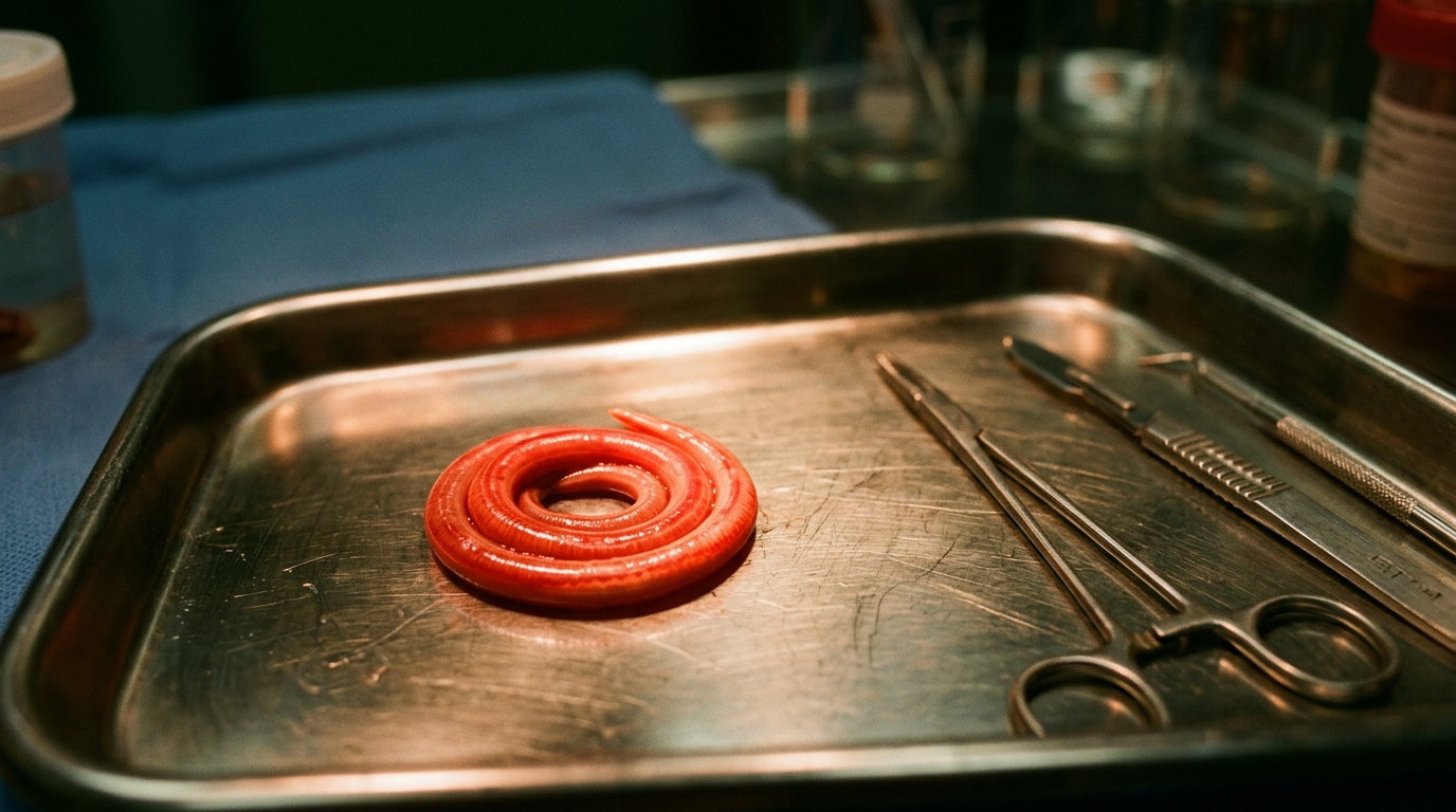 Ver parasite rouge sur un plateau chirurgical