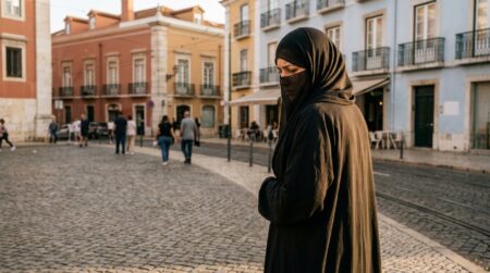 Femme voilée dans une rue de Lisbonne ensoleillée