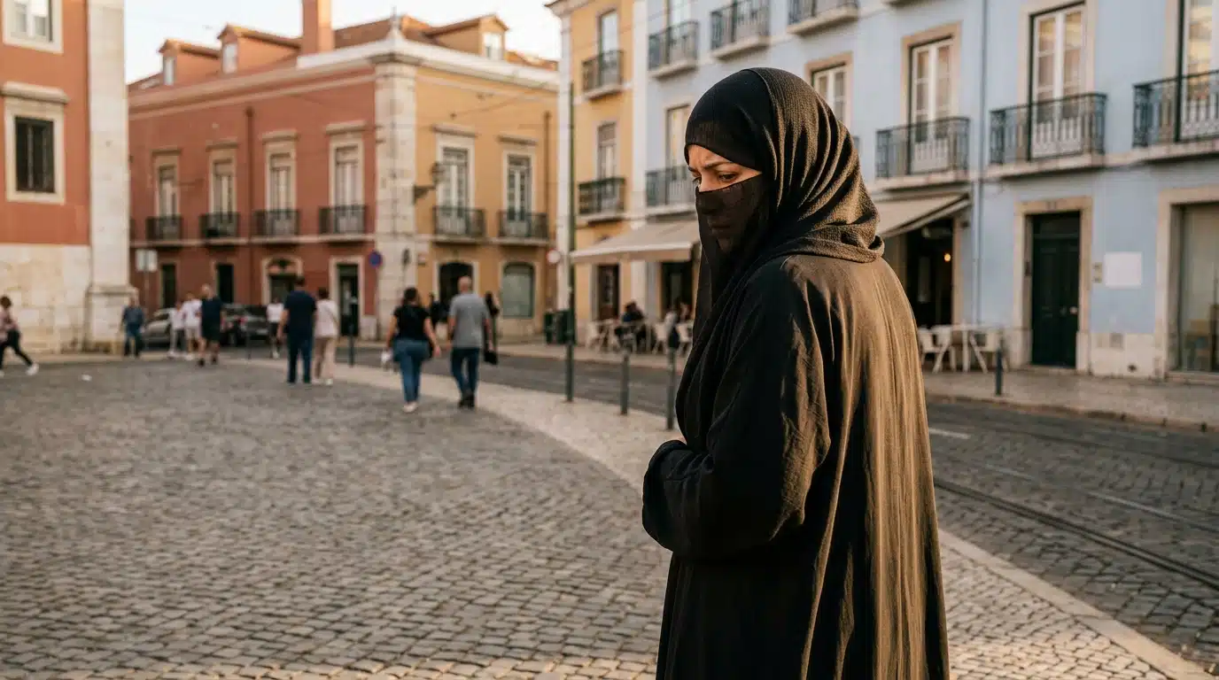 Femme voilée dans une rue de Lisbonne ensoleillée