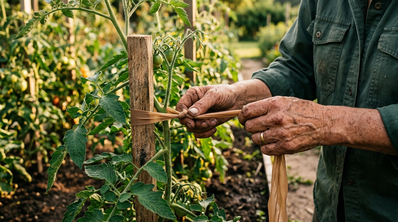 Main attachant une tige de tomate avec un collant filé
