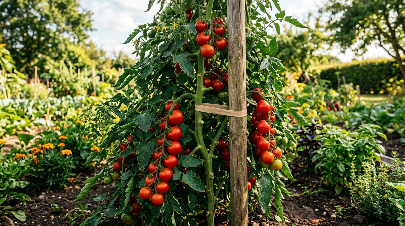 Plant de tomate attaché avec une bande de collant élastique