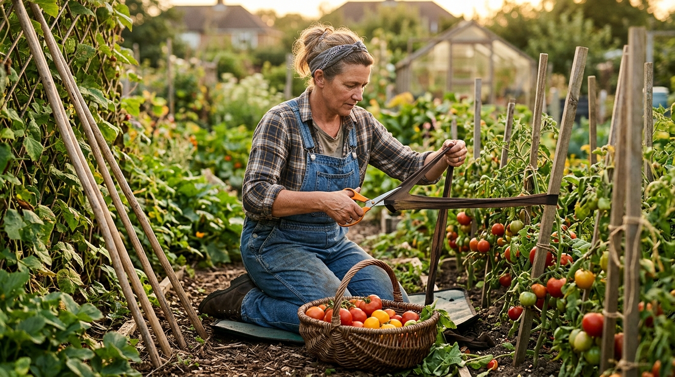 Femme découpant un vieux collant en bandes au jardin