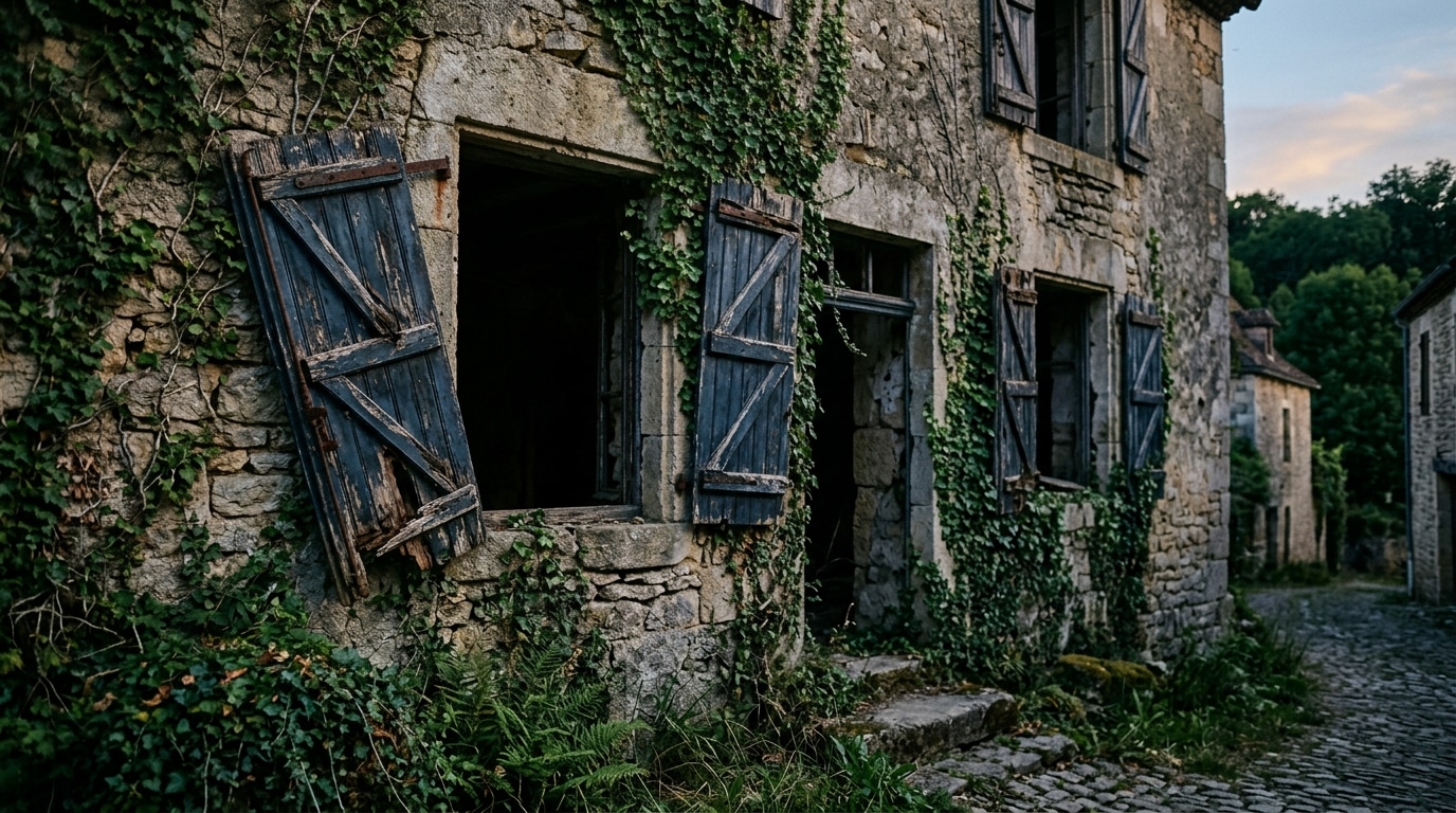Façade délabrée d'une maison abandonnée en pierre
