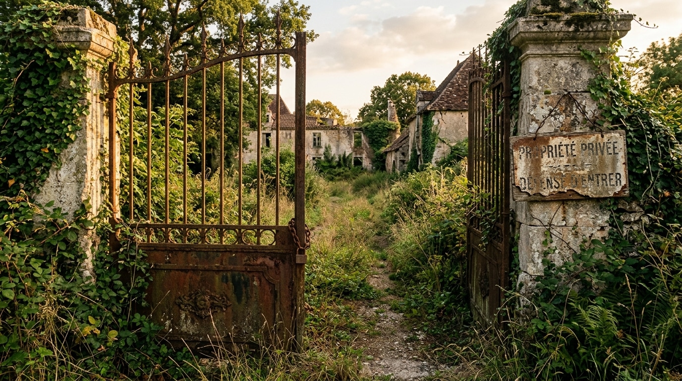Portail rouillé fermant l'entrée d'une propriété privée abandonnée