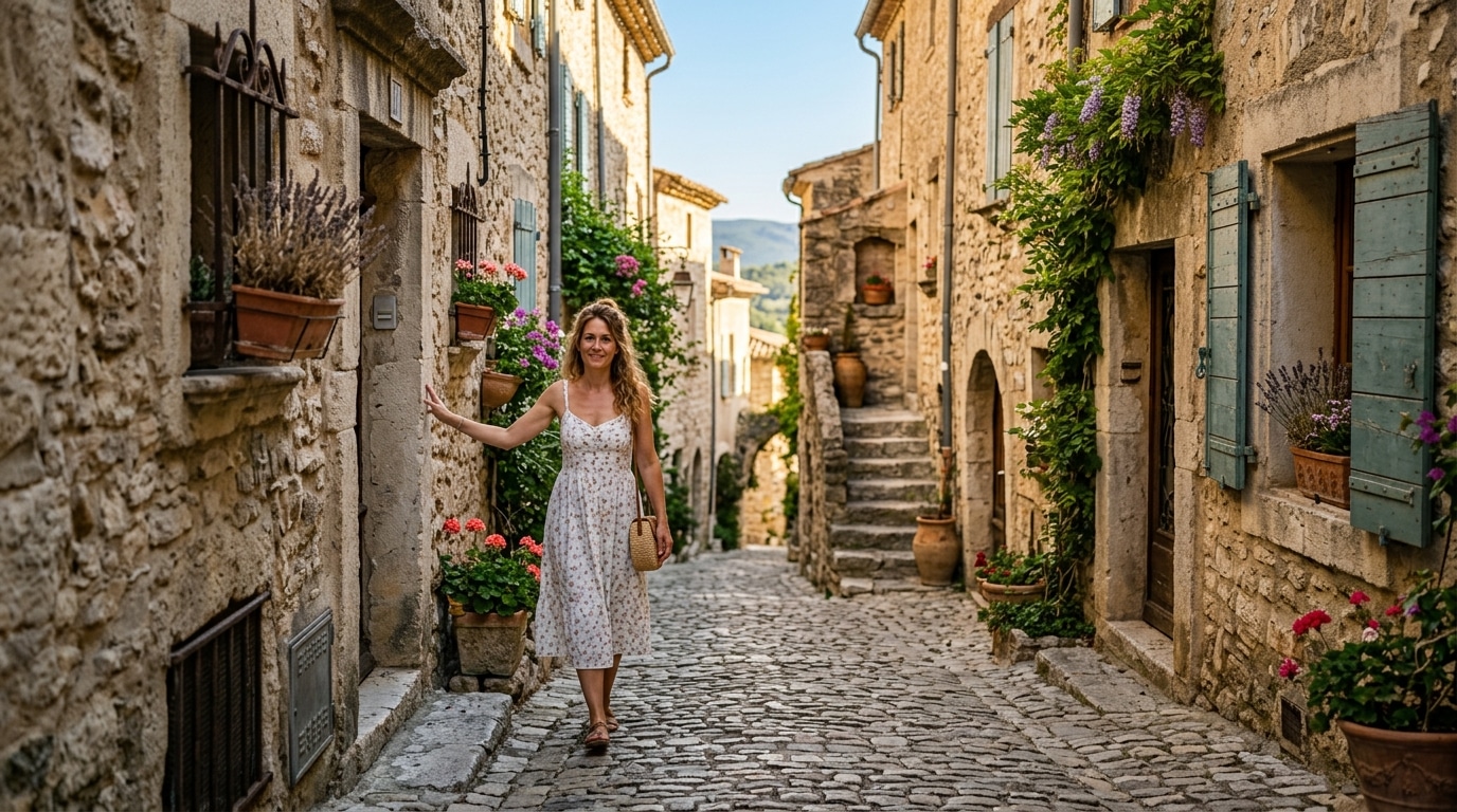 Ruelle ombragée d'un village médiéval du Vaucluse en été