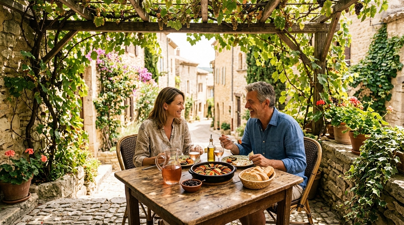 Terrasse ombragée d'un restaurant provençal sous une pergola