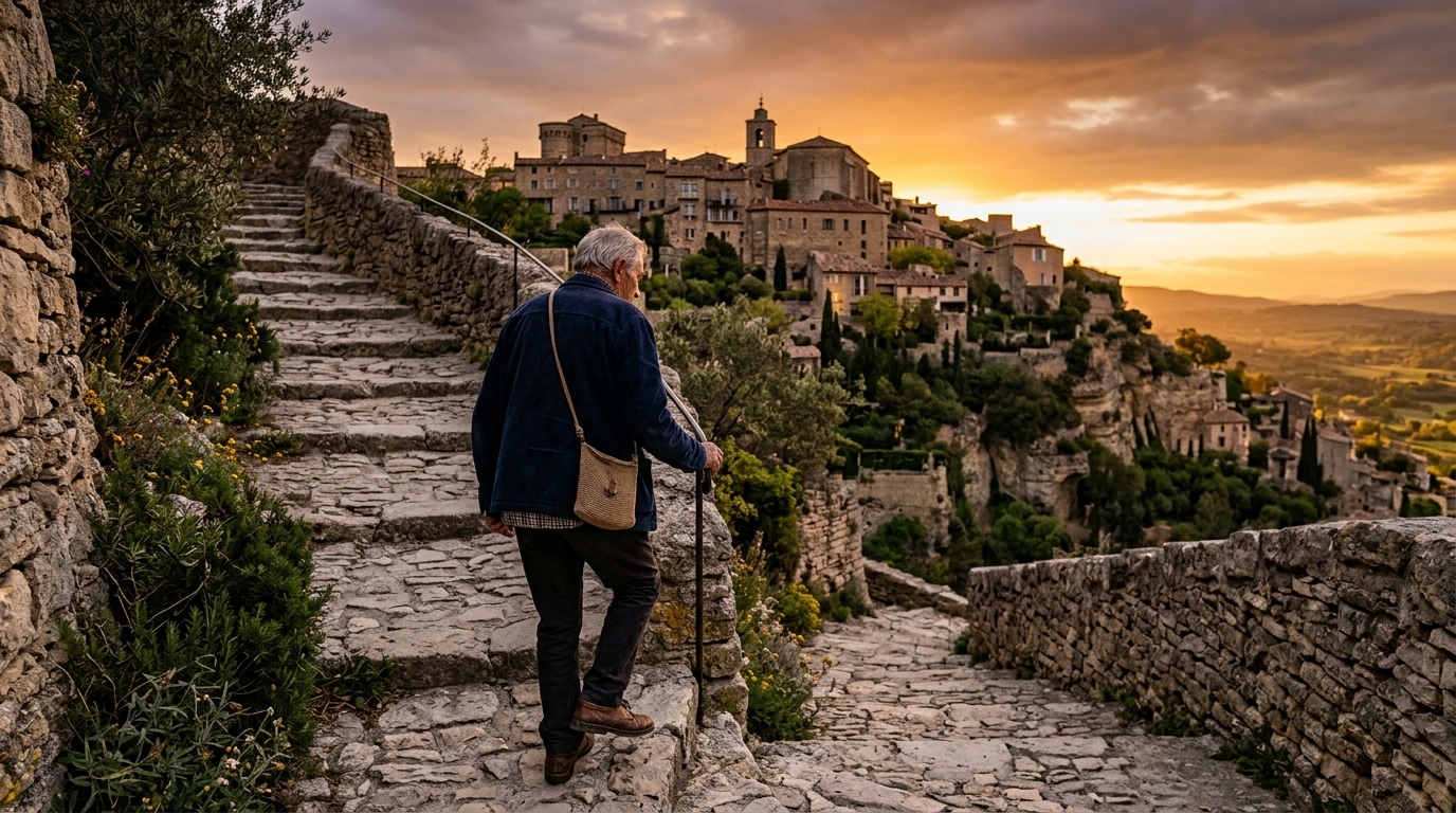 Homme montant vers un village perché du Vaucluse au coucher du soleil