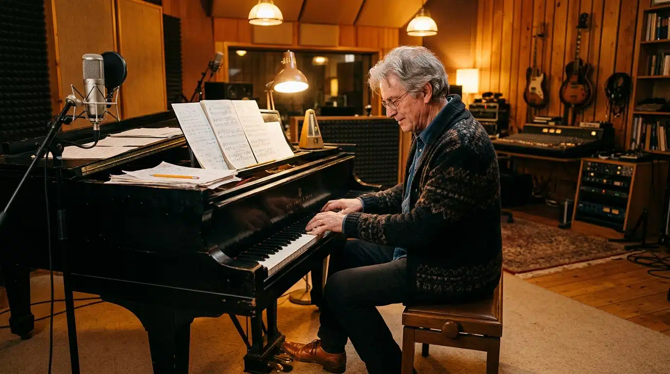 Compositeur au piano dans un studio d'enregistrement