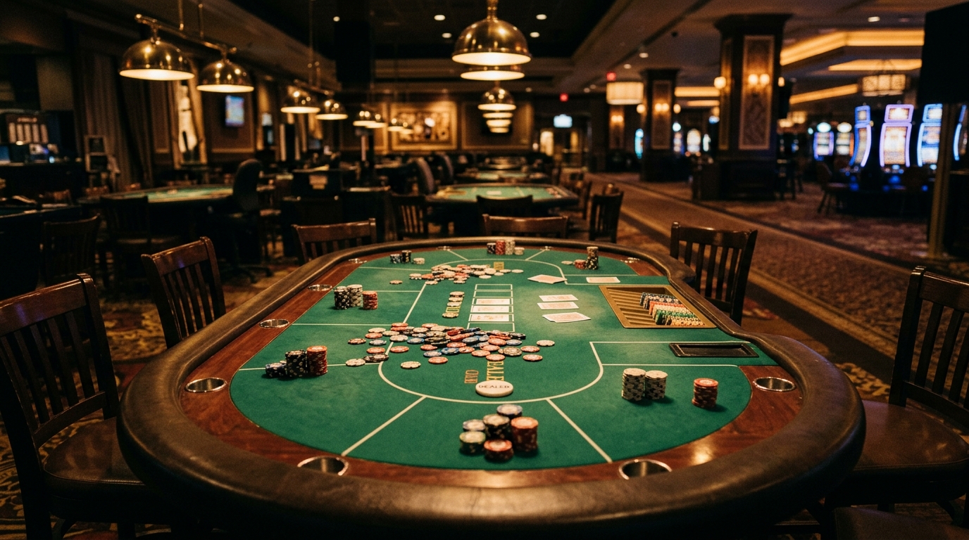 Table de casino vide la nuit avec jetons de poker