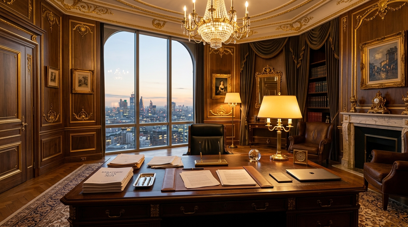 Bureau élégant aux accents dorés avec documents