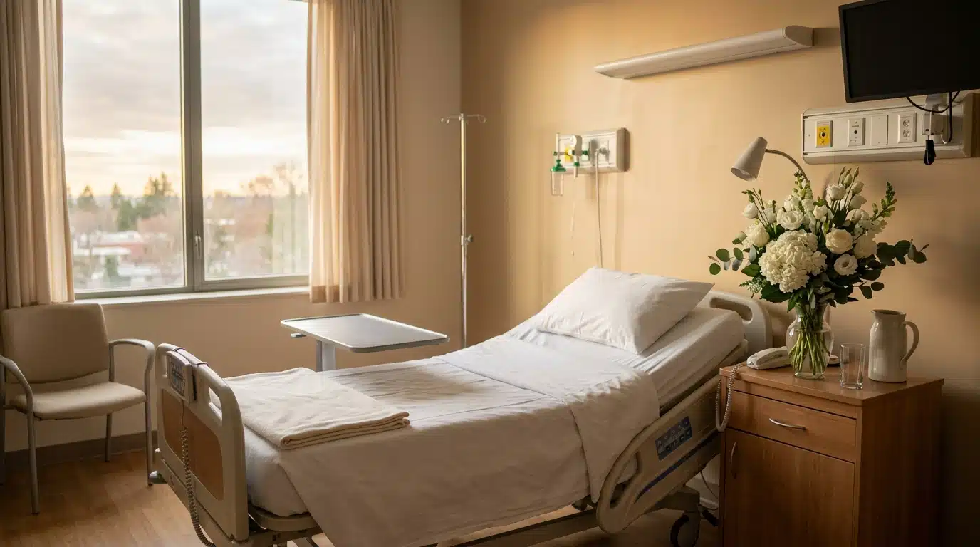 Chambre d'hôpital vide avec lumière douce et bouquet de fleurs